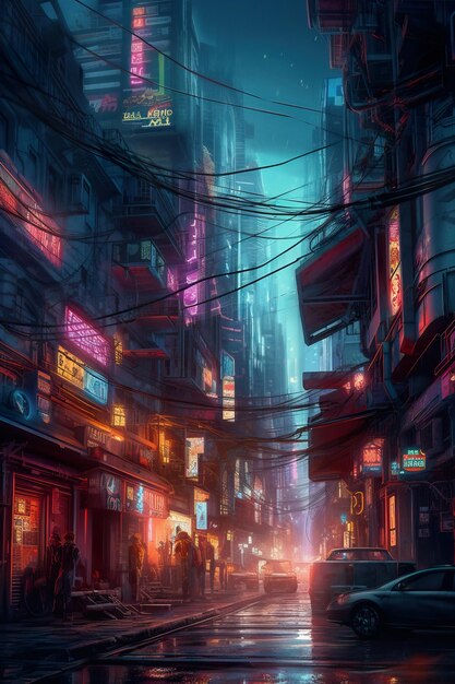 Noche ocupada calle de la ciudad cyberpunk