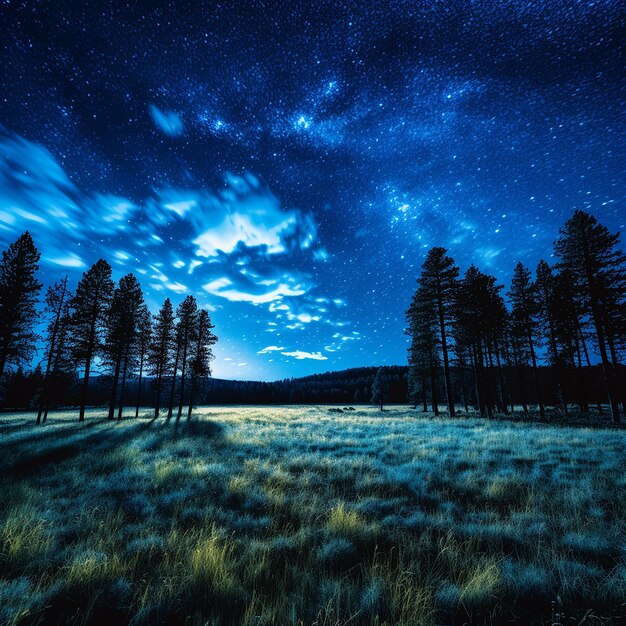 Foto noche oscura azul con estrellas en el cielo