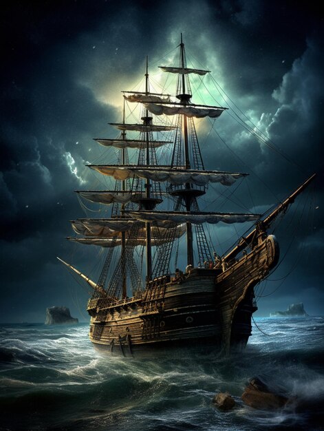 en la noche oscura un enorme barco perdido en el mar arte digital
