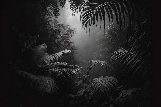 Noche oscura en la jungla con plantas negras saturadas.