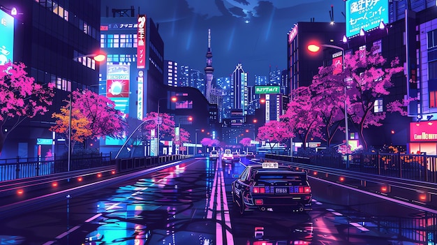 Foto una noche oscura y lluviosa en la ciudad la calle está iluminada por las luces de neón de los edificios y los coches