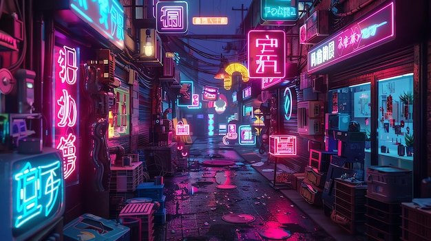 Foto una noche oscura y lluviosa en una ciudad cyberpunk la calle está iluminada por luces de neón y los reflejos de las luces de la ciudad en los charcos en el suelo