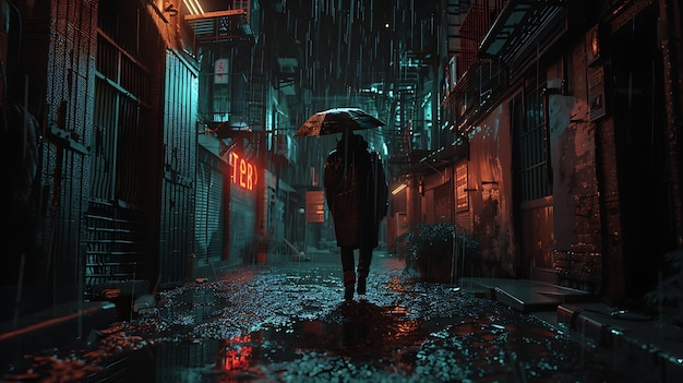 Una noche oscura y lluviosa en la ciudad una figura solitaria camina por una calle desierta iluminada sólo por las luces de neón parpadeantes