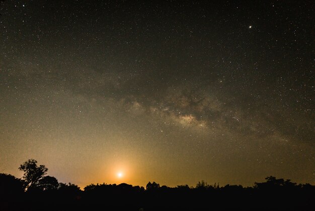 Foto noche oscura con muchas estrellas brillantes, el vasto cielo en el paisaje nocturno con la vía láctea