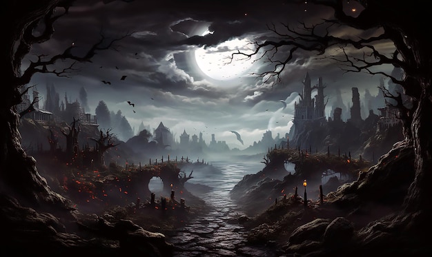 una noche oscura con murciélagos bosque oscuro y luna llena en Halloween