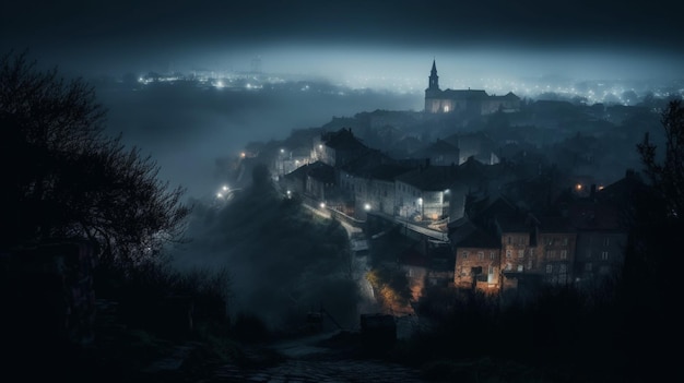 Una noche oscura con un pequeño pueblo en la distancia.