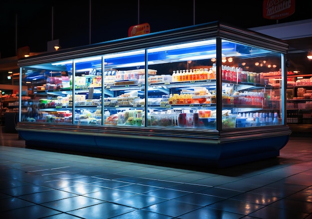 una noche oscura en el supermercado ilumina una pantalla