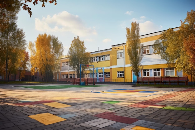 Noche de otoño con el patio de recreo del edificio escolar y enfoque en la rayuela, un concepto de educación de regreso a la escuela