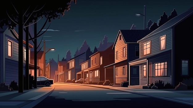 Por la noche, un paisaje de una calle suburbana vacía con una casa Fondo de una vivienda residencial de barrio IA generativa