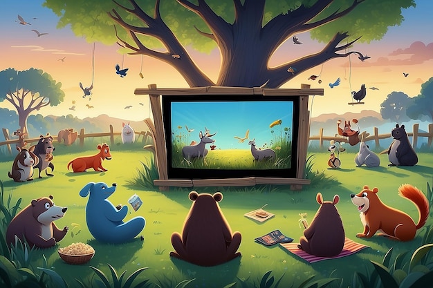 Noche de películas de animales caprichosos en el campo de hierba Ilustración