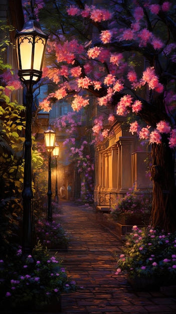 Foto la noche de primavera donde la cálida luz de las linternas ilumina el callejón de flores