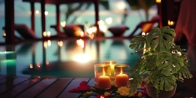 noche Resort de lujo piscina copas de vino y velas con flores de rosas tropicales spa relajante