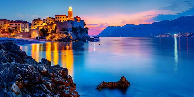 La noche en la Riviera de Budva Una vista impresionante de Montenegro39s Costa del Mar Adriático Concepto Fotografía nocturna Riviera de budva Montenegro Belleza costera del mar Adriático