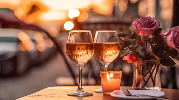 noche romántica copa de vino y rosas en la mesa en la calle del café al atardecer