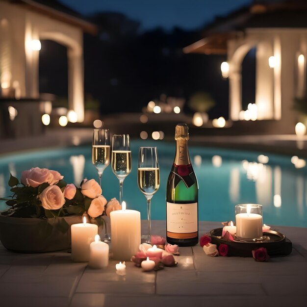 Foto una noche romántica junto a la piscina con velas y champán.