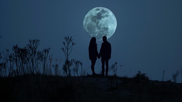 Una noche de silueta de pareja con la luna