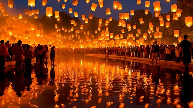 Por la noche, los tailandeses liberan lámparas o linternas flotantes para adorar los restos de Buda Generativo AI un festival tradicional en Chiang Mai, Tailandia