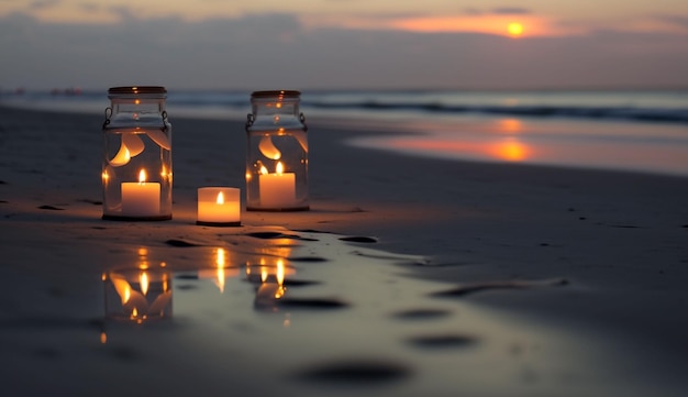 Noche tranquila en la playa con luces de hadas y velas decorativas IA generativa