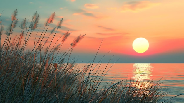 Una noche tranquila en la playa las olas suaves golpean la orilla mientras el sol se sumerge debajo del horizonte proyectando un caloroso resplandor sobre la escena pacífica