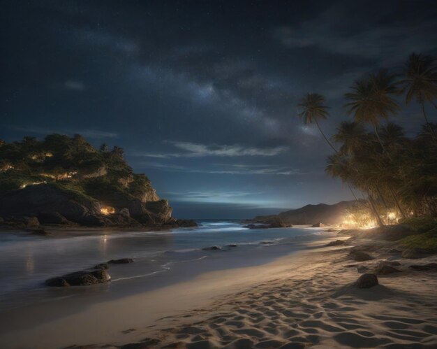 Noche tropical cálida en la isla habitada con luces eléctricas