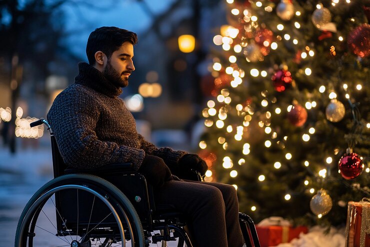Noche de vacaciones en el árbol de Navidad iluminado con un hombre en silla de ruedas IA generativa