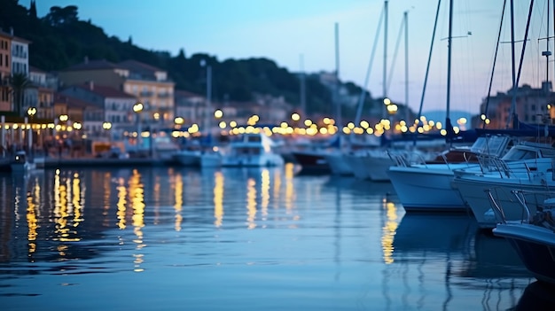 noche de verano en el puerto de yates mar borroso y reflejo de la luz de la ciudad silueta de personas relajarse