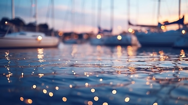 noche de verano en el puerto de yates mar borroso y reflejo de la luz de la ciudad silueta de personas relajarse