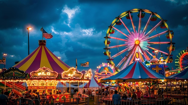 Una noche vibrante en la rueda de ferris del carnaval luces festivas y diversión familiar capturando la atmósfera alegre perfecta para los volantes de eventos IA