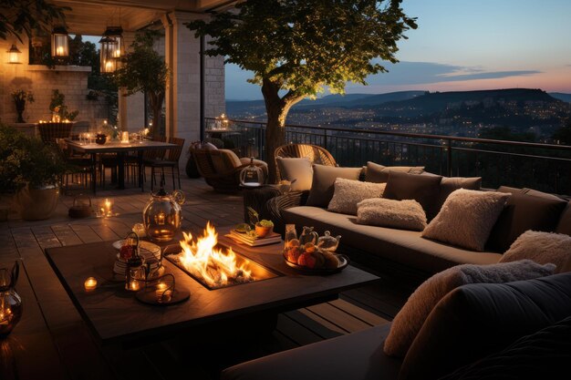 Noches de bienvenida en terraza con chimenea y salón IA generativo