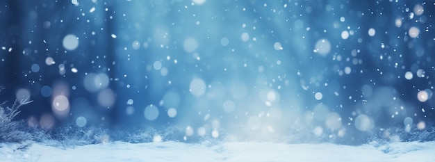 Noches de invierno encantadoras telón de fondo panorámico de Navidad con copos de nieve y luces Bokeh