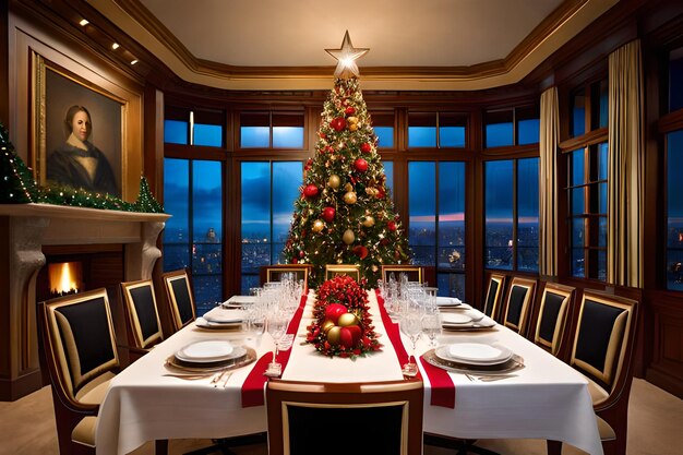 Nochevieja con árbol decorativo y regalos.