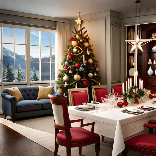Nochevieja Navidad juntos árbol campanas mesa nieve y comer