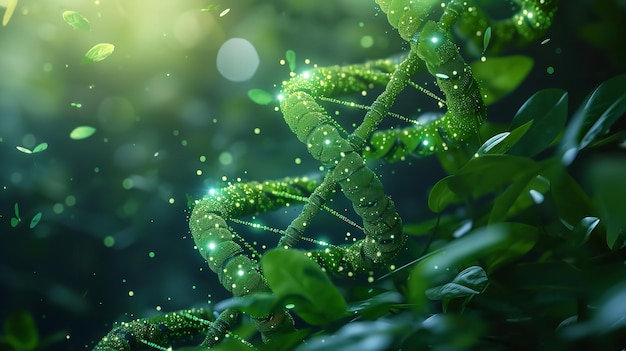 Noción de biología sintética o biotecnología verde que combina el ADN con la planta y el espacio IA generativa