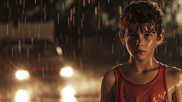 nocturno un niño se para bajo la lluvia