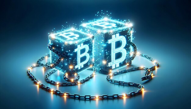 Los nodos de blockchain 3D brillantes con cadenas digitales en un concepto de fondo blanco aislado como Two glowi