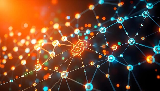 Los nodos de blockchain brillantes conectados en un entorno cibernético vibrante