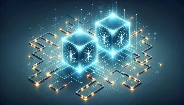 Nodos de blockchain planos brillantes con cadenas digitales en un concepto de fondo blanco aislado como dos glo