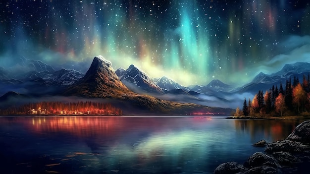 Nördliche mehrfarbige Aurora Borealis am nächtlichen Sternenhimmel mit Sternen über dem Wassersee und den Bergen Generative KI-Illustration