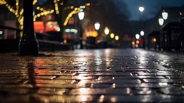 À noite, a luz refletida de uma passarela pavimentada úmida