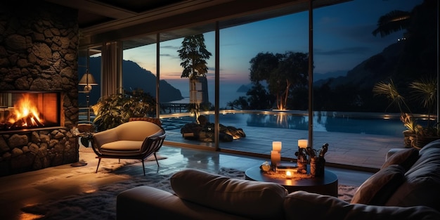 noite aconchegante quarto design moderno kamin e vela luz turva perto do sofá nas janelas da frente