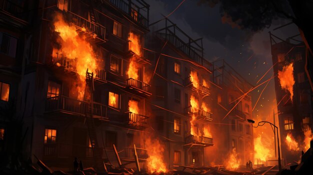 Noite apartamento de incêndio está queimando