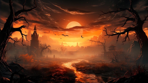 Noite assustadora de Halloween com uma velha estrada que leva a uma casa assombrada AI generativa