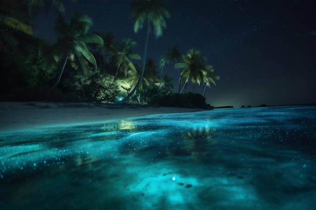 Noite azul paraíso praia céu oceano palma árvore tropical férias luminoso Generative AI