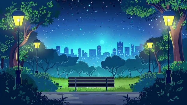 À noite, bancos de madeira, árvores verdes e lanternas de grama e edifícios da cidade no horizonte se refletem em um parque urbano vazio com luzes de rua e assentos.