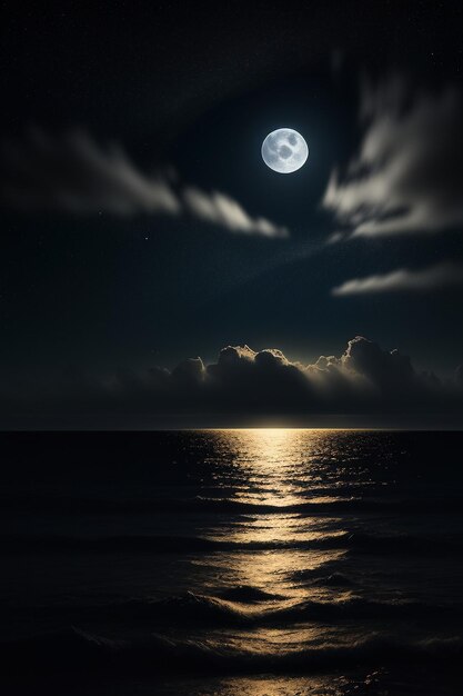 Noite céu estrelado luar brilhando na bandeira de fundo do papel de parede de pensamentos solitários da água do mar