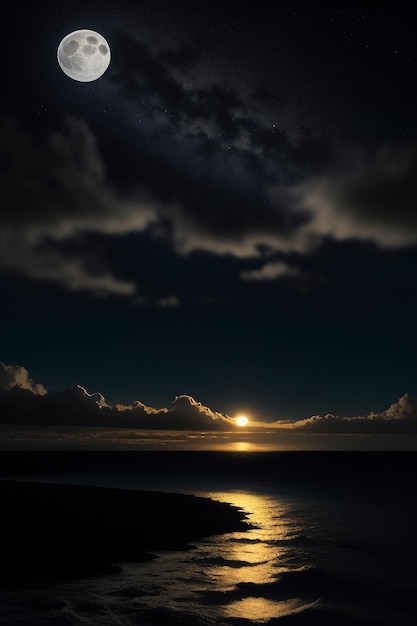 Noite céu estrelado luar brilhando na bandeira de fundo do papel de parede de pensamentos solitários da água do mar