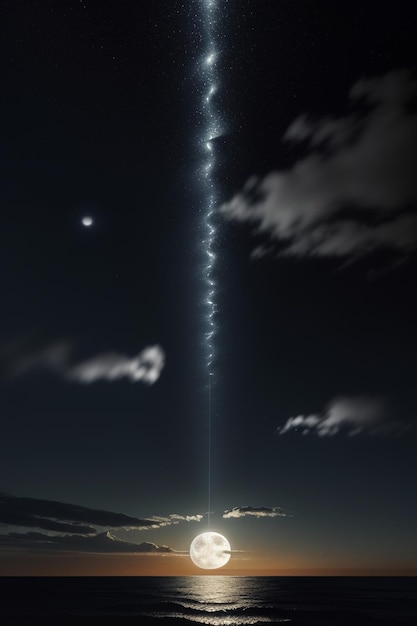 Noite céu estrelado luar brilhando na bandeira de fundo do papel de parede de pensamentos solitários da água do mar