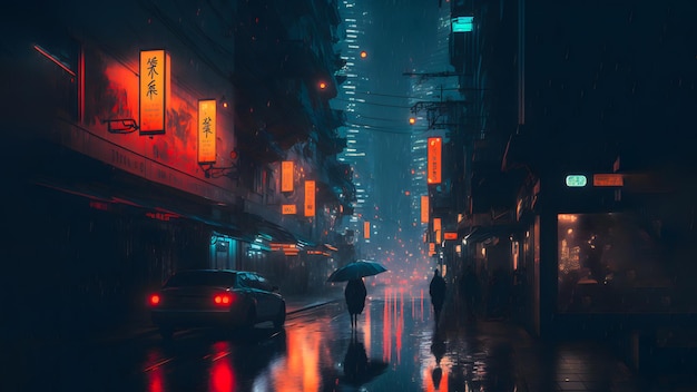 Noite chuvosa na arte gerada pela rede neural da rua da cidade chinesa cyberpunk