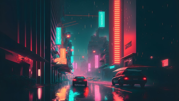 Noite chuvosa na arte gerada pela rede neural da rua da cidade cyberpunk