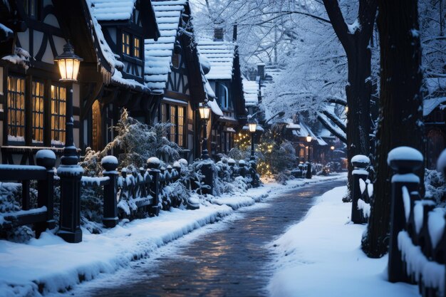 Noite cidade inverno rua coberta de neve decorada com guirlandas luminosas e lanternas para o Natal